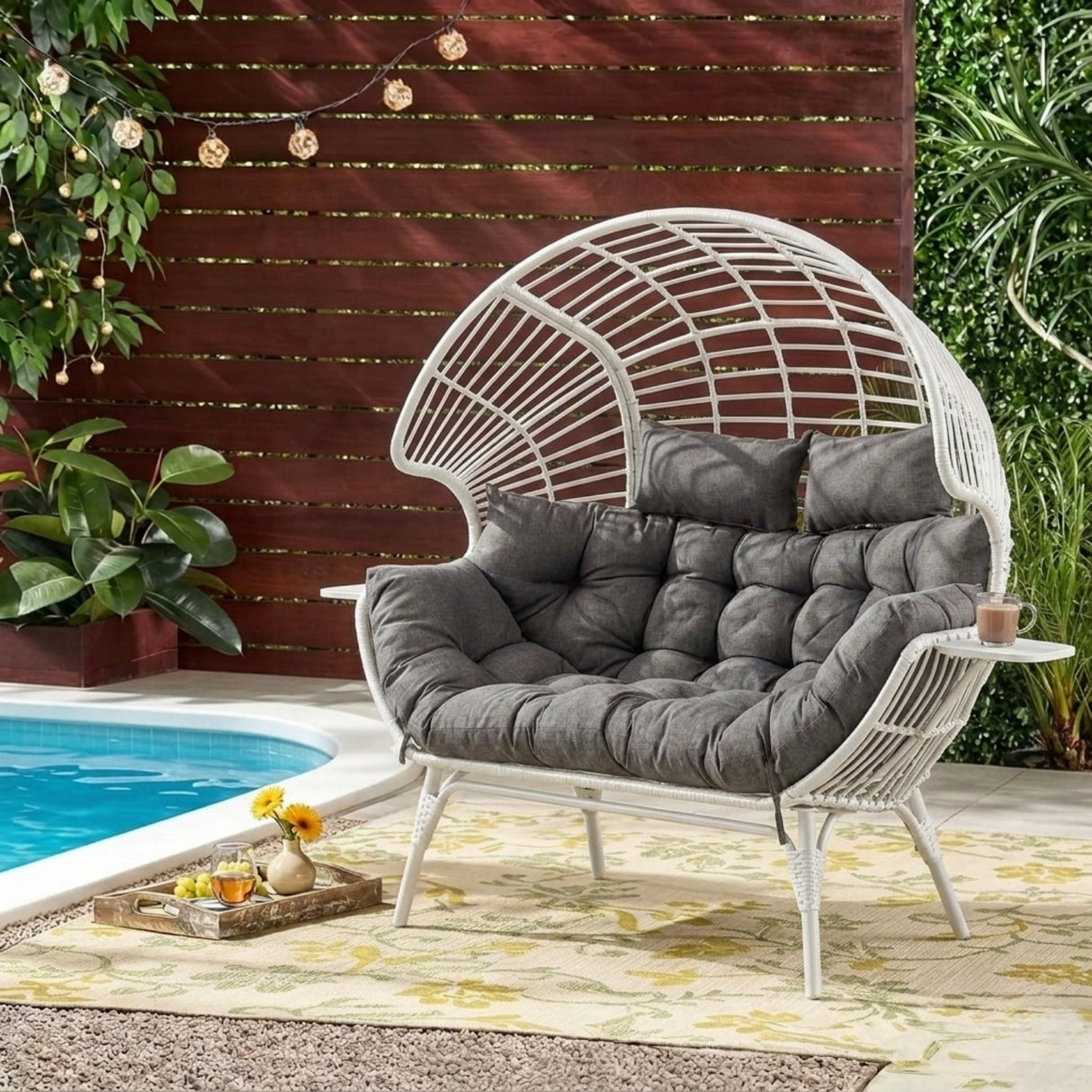 Outdoor Wicker Double Seater Egg Chair with Dual Cup Holders (White & Dark Grey)