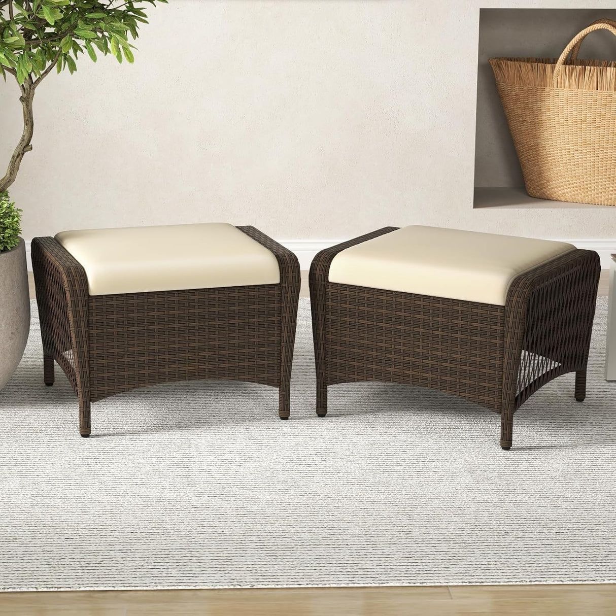 2-Piece Outdoor Rattan Wicker Ottoman Set