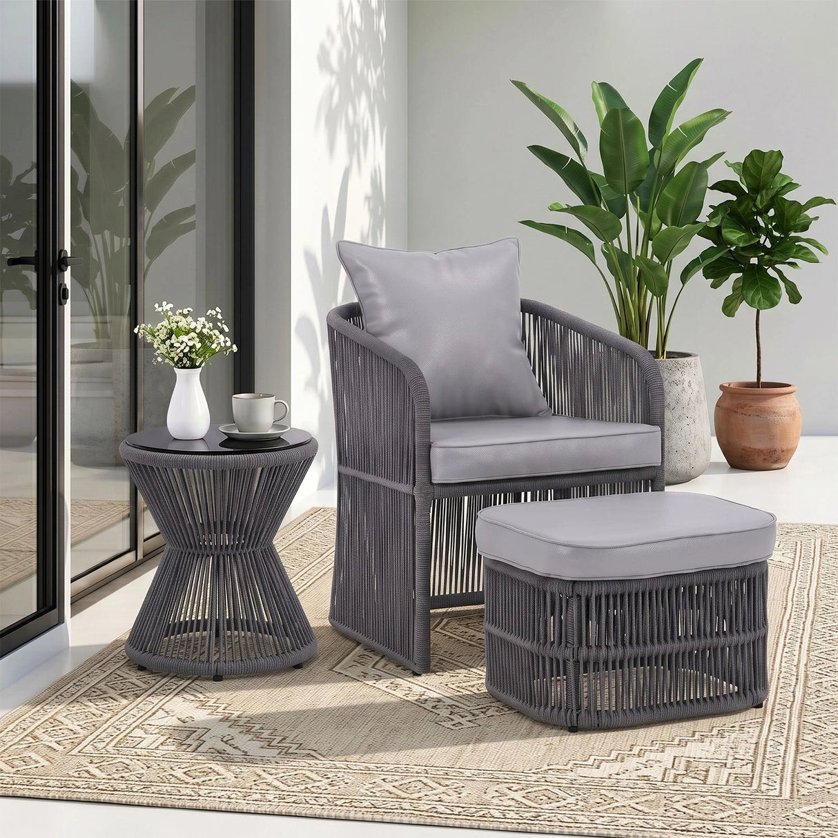 Outdoor 3 Piece Rope Patio Sofa Set (Grey)