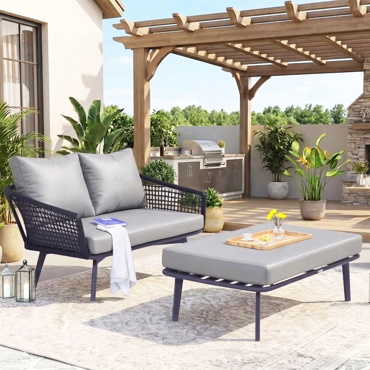 2-Piece Outdoor Rope Loveseat Sofa With Ottoman
