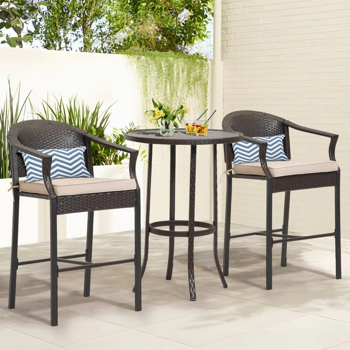 Outdoor Rattan Wicker Bar Set with Round Table