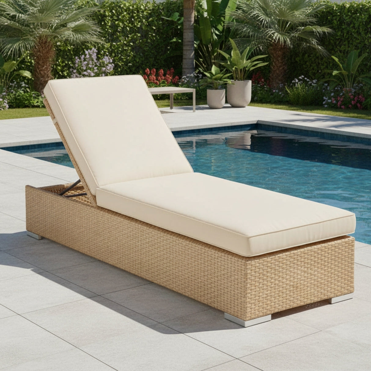 Outdoor All-Weather Rattan Wicker Lounger (Beige & Off-White)