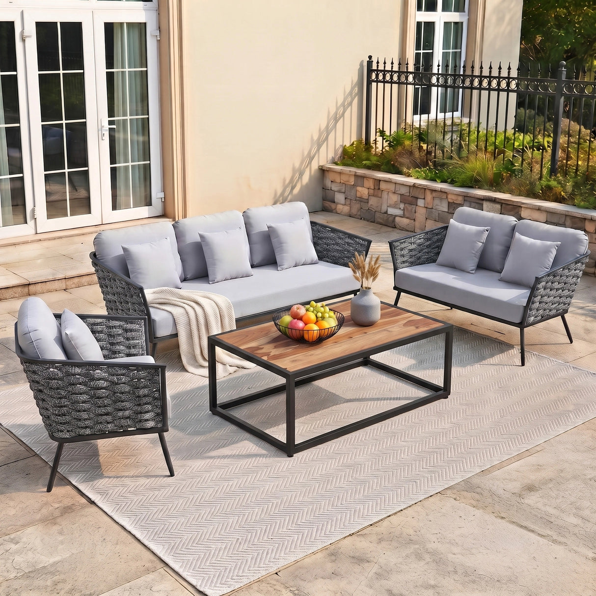 4 Piece Outdoor Rope Sofa Set with Wooden Top Table