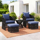 Outdoor 5 Piece Rope Patio Chair Ottoman Set (Black & Navy-Blue)
