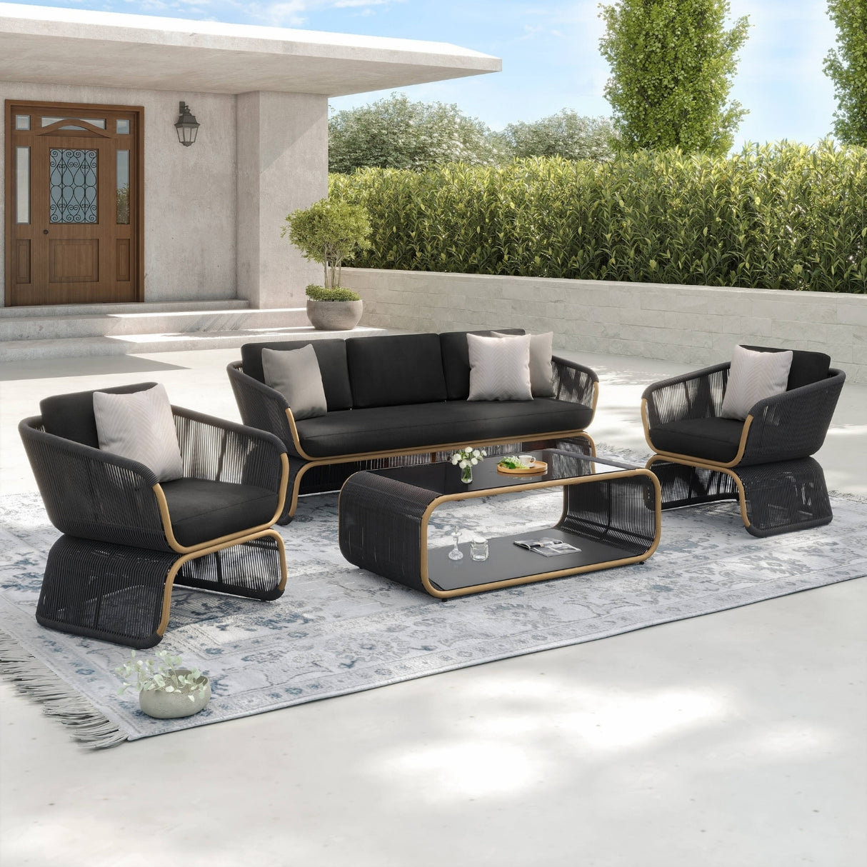 Outdoor Braided Rope Sofa Set With 2-Tier Glass Top Table