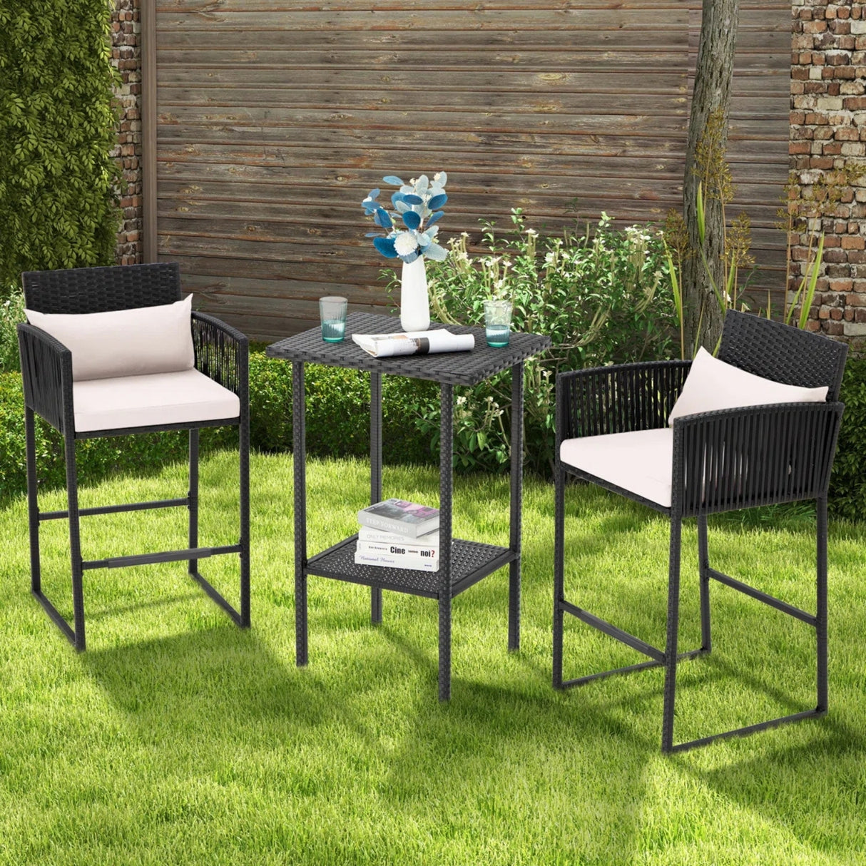 Outdoor Rattan Wicker Bar Set With 2-Tier Table