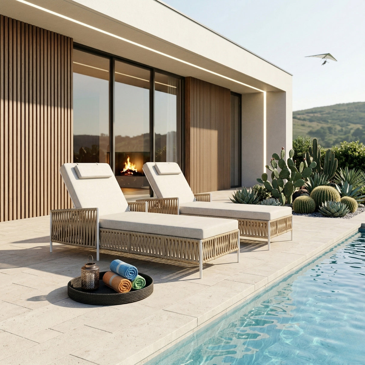 Outdoor Rope Lounger Set of 2 (Beige & Cream)