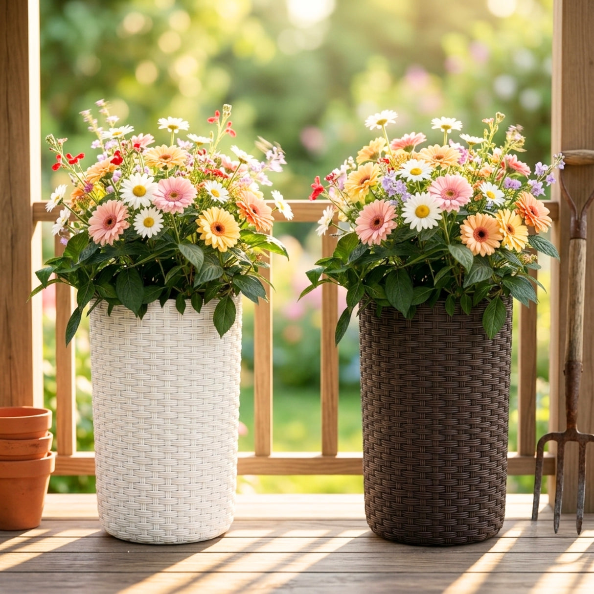Outdoor Wicker 2-Piece Tall Round Planter Set (Dark Brown & White)
