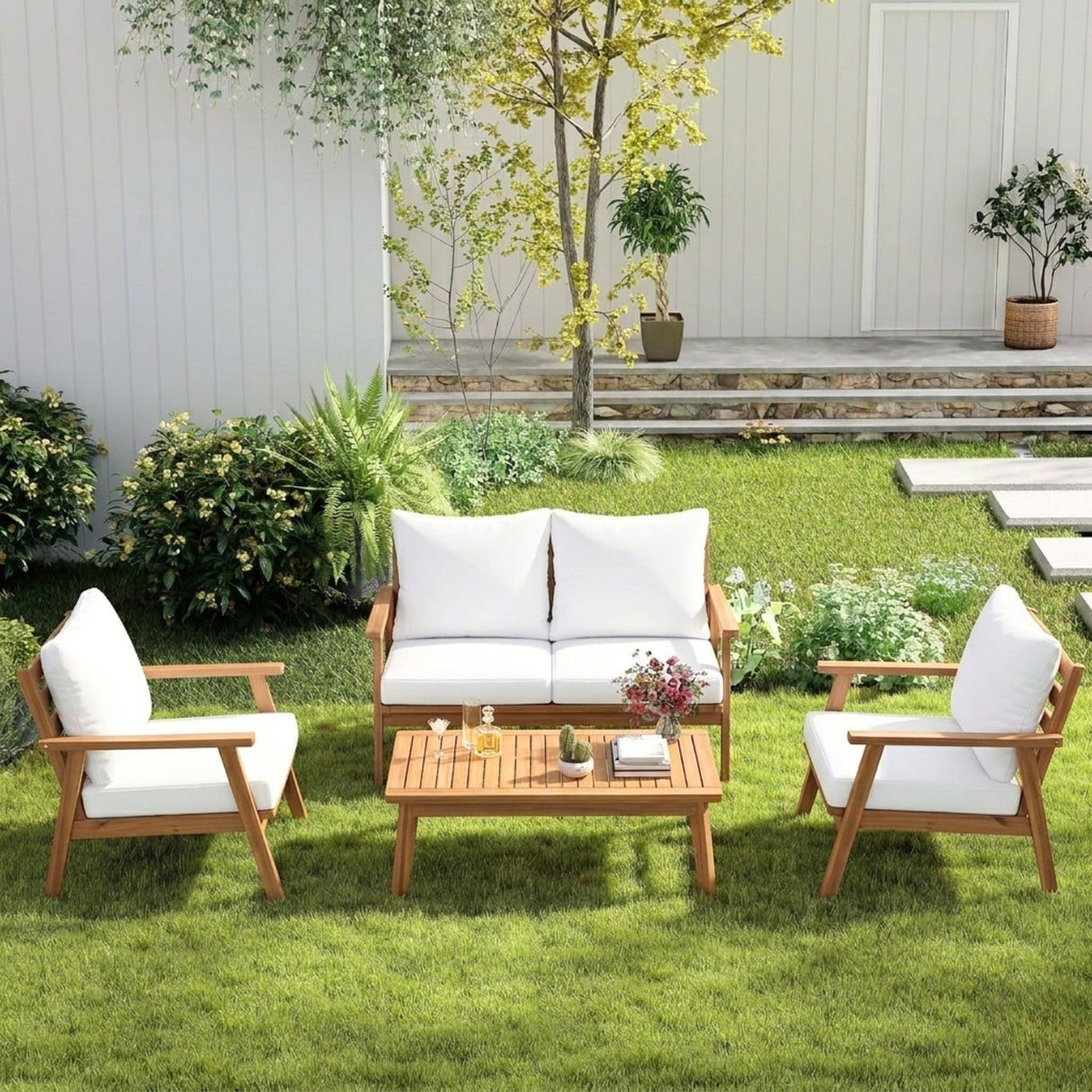 Outdoor Teak Wood 4-Piece Sofa Set with Slatted Center Table