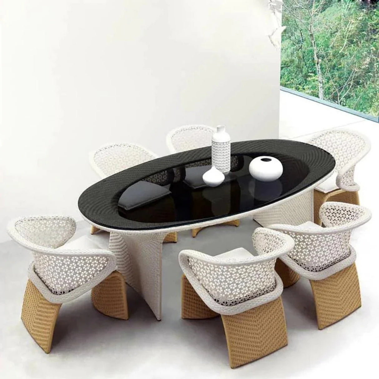 7 Pieces Outdoor Wicker Dining Set with Double Tone Armchairs