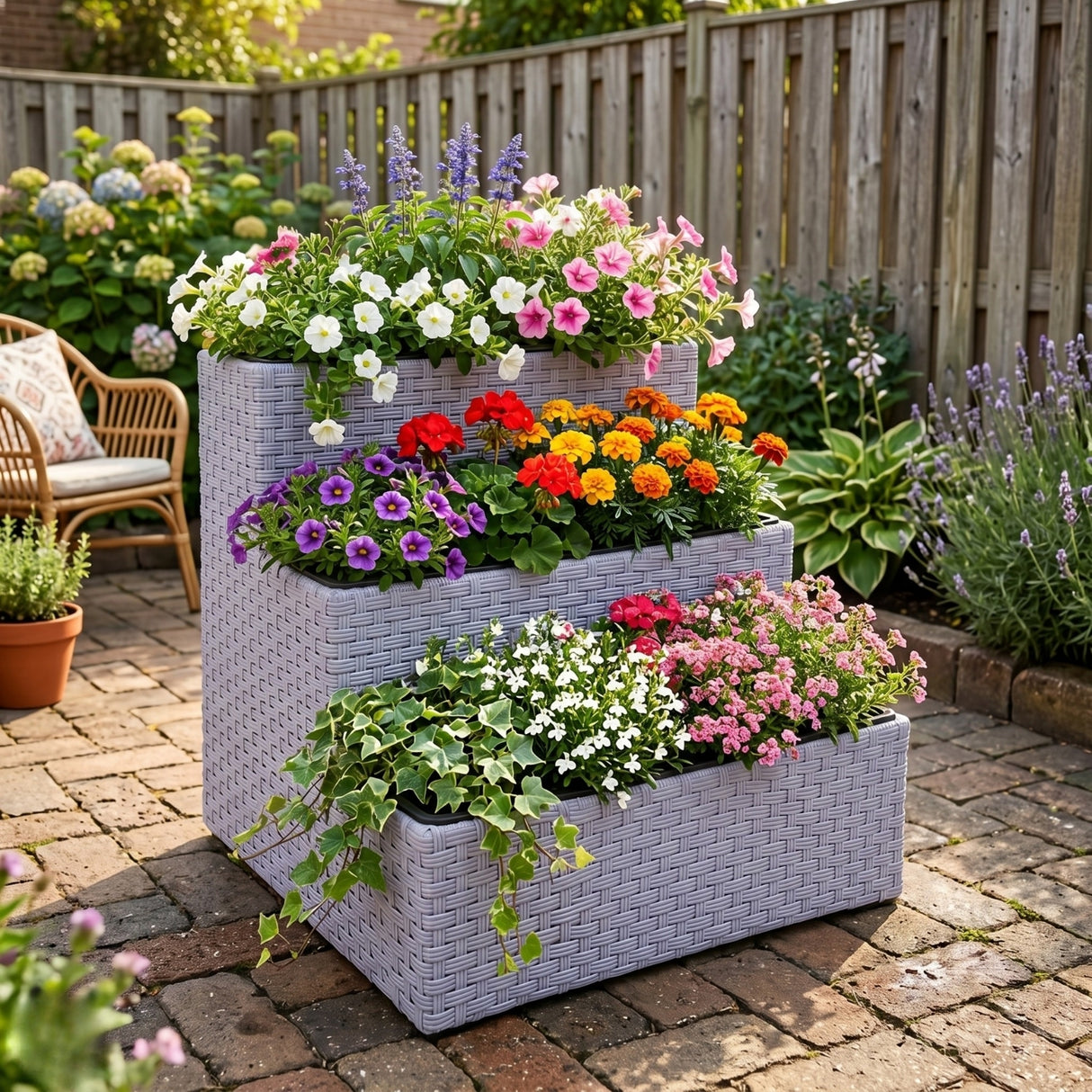 Outdoor 3-Tier Wicker Raised Planter Stand (Silver Grey)