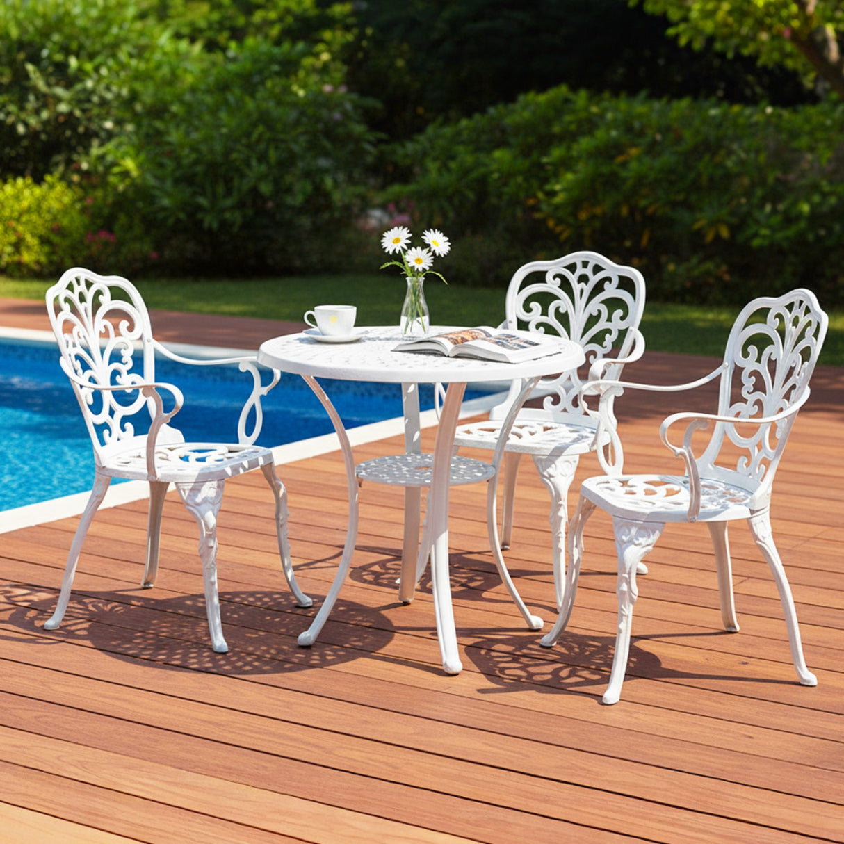 3-Seater Outdoor Cast Aluminum Bistro Set with Round Table (White)