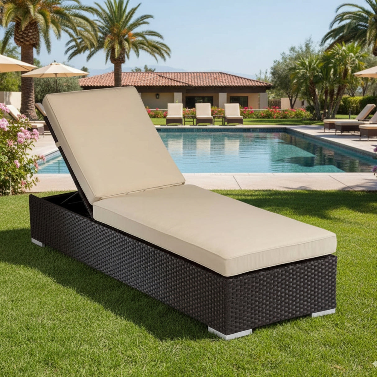 Outdoor All-Weather Rattan Wicker Lounger (Dark Brown & Cream)