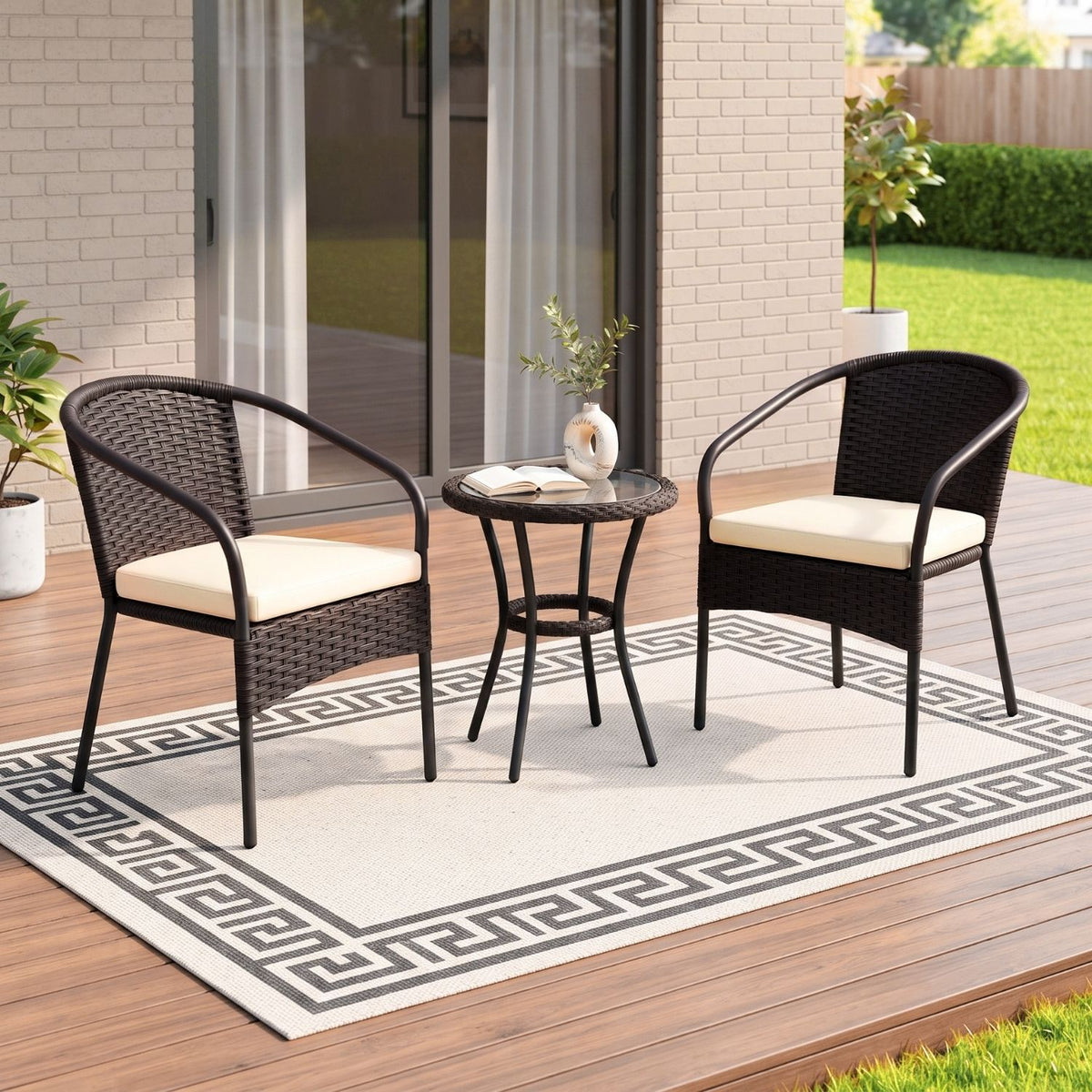 3 Piece Outdoor Wicker Patio Furniture Set (Dark Brown & Cream)