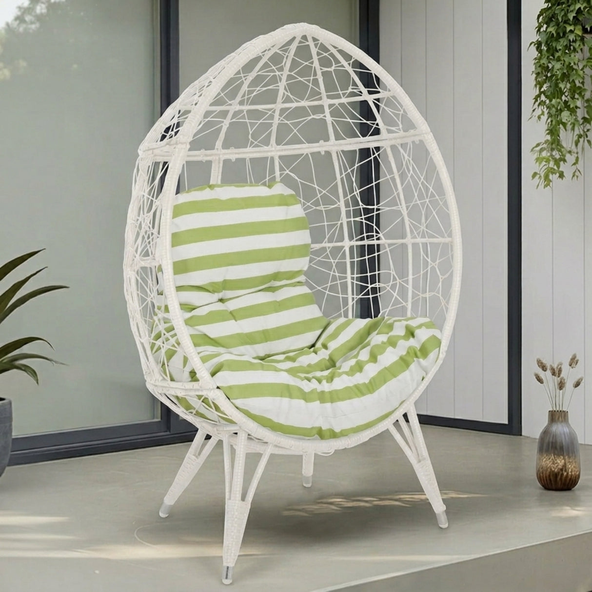 Outdoor White Rattan Lounge Accent Egg Chair