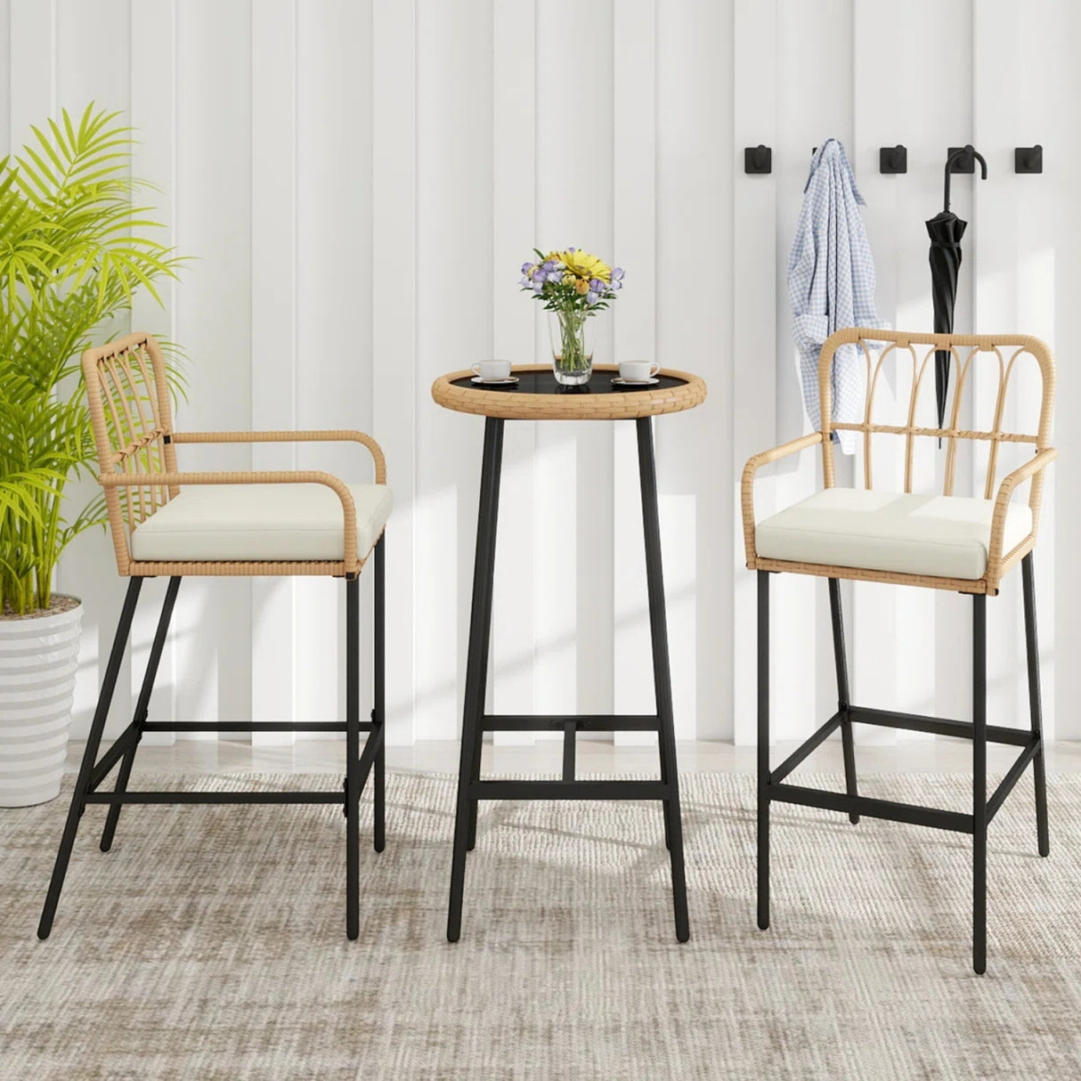 Outdoor Rattan Wicker Bar Set with Round Table