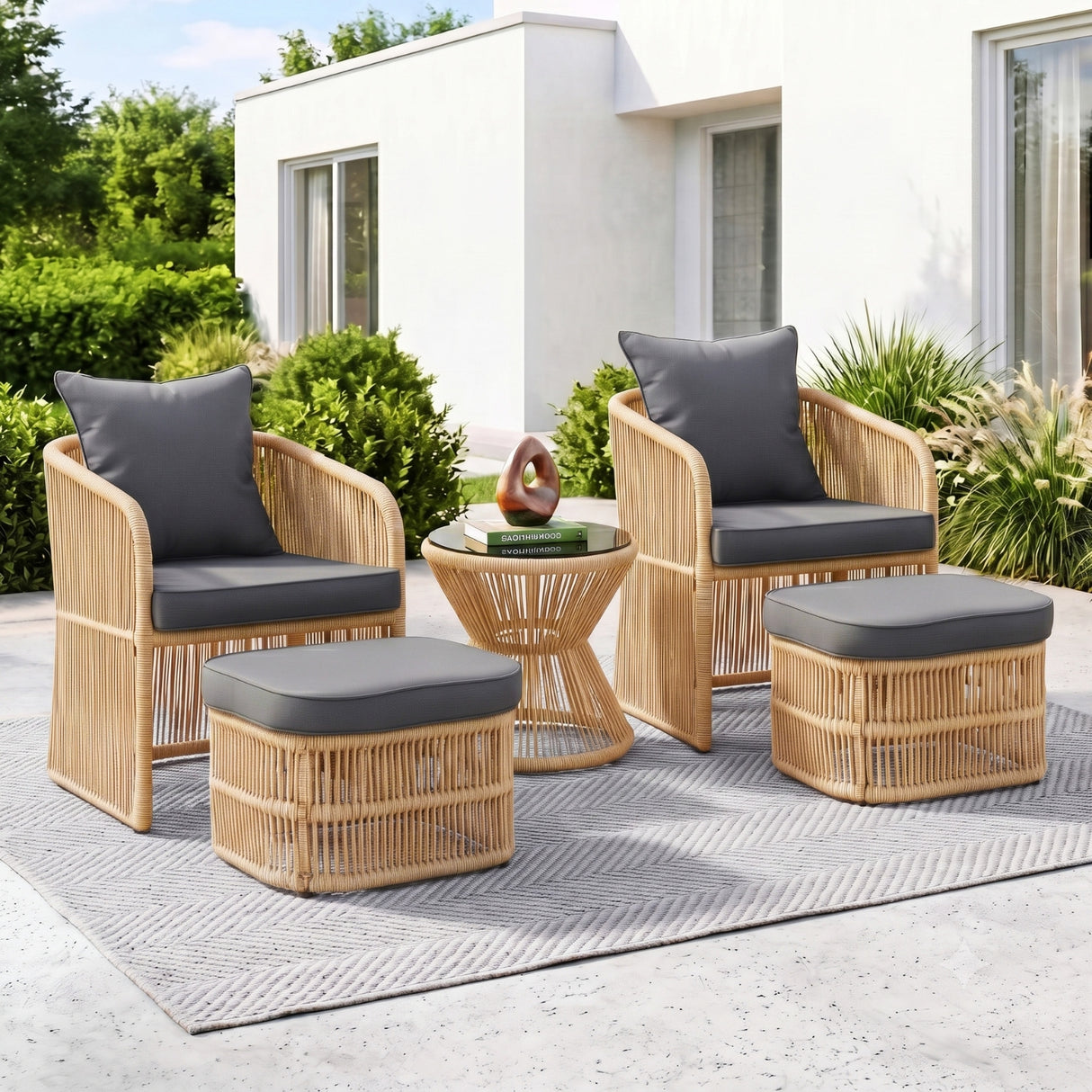 Outdoor 5 Piece Rope Patio Chair Ottoman Set (Beige & Dark Grey)
