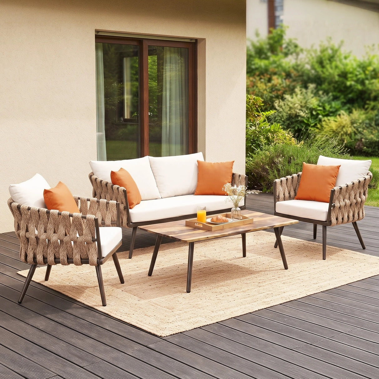 4-Piece Outdoor Rope Sofa Set With Glass Top Table (Beige & Off-White)