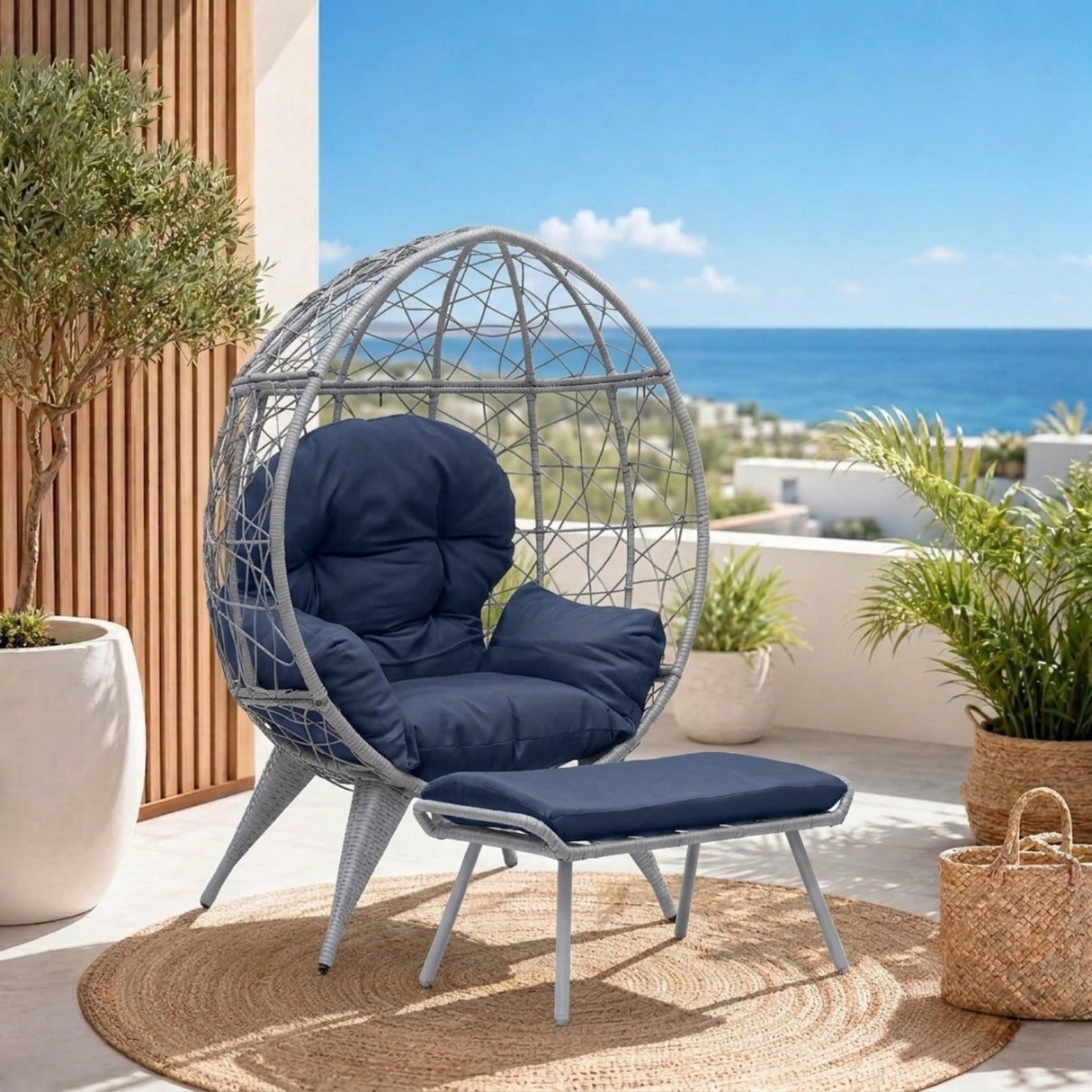 Outdoor Wicker Egg Chair with Ottoman (Silver Grey & Navy-Blue)