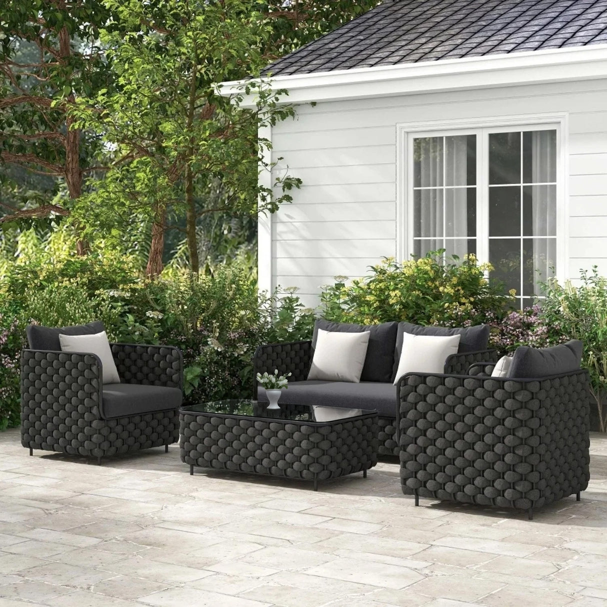 4 Piece Outdoor Rope Sofa Set with Glass Top Coffee Table (Black)