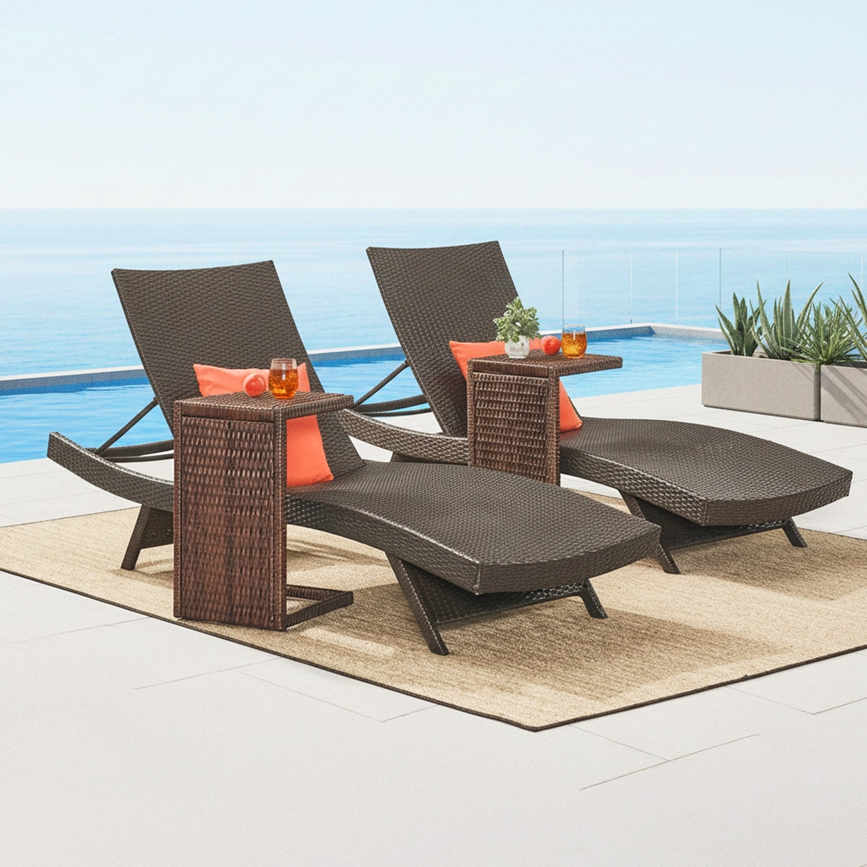 Outdoor Rattan Wicker Lounge Chairs Set of 2 with Matching Side Table