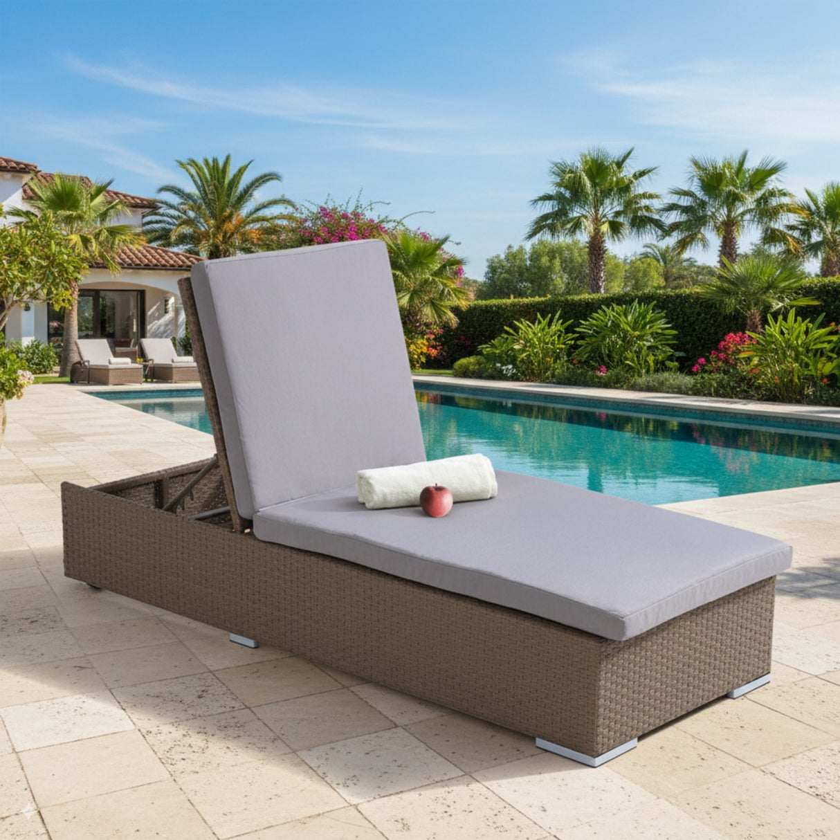 Outdoor All-Weather Rattan Wicker Lounger (Beige & Grey)
