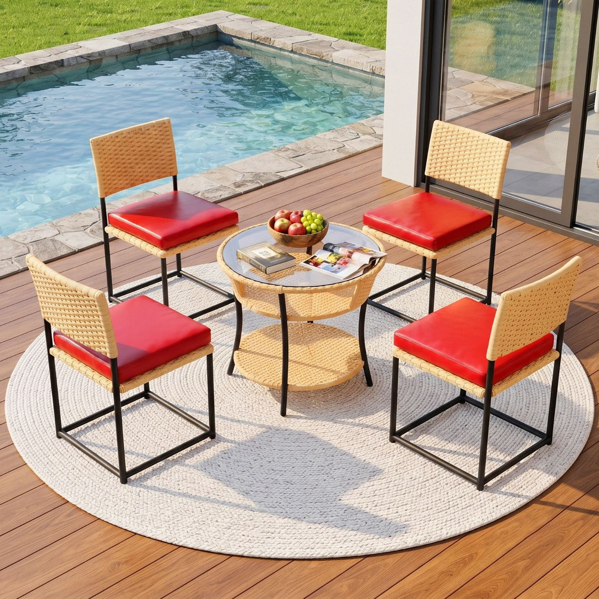 5-Piece Outdoor Wicker Patio Furniture Set (Beige & Red)