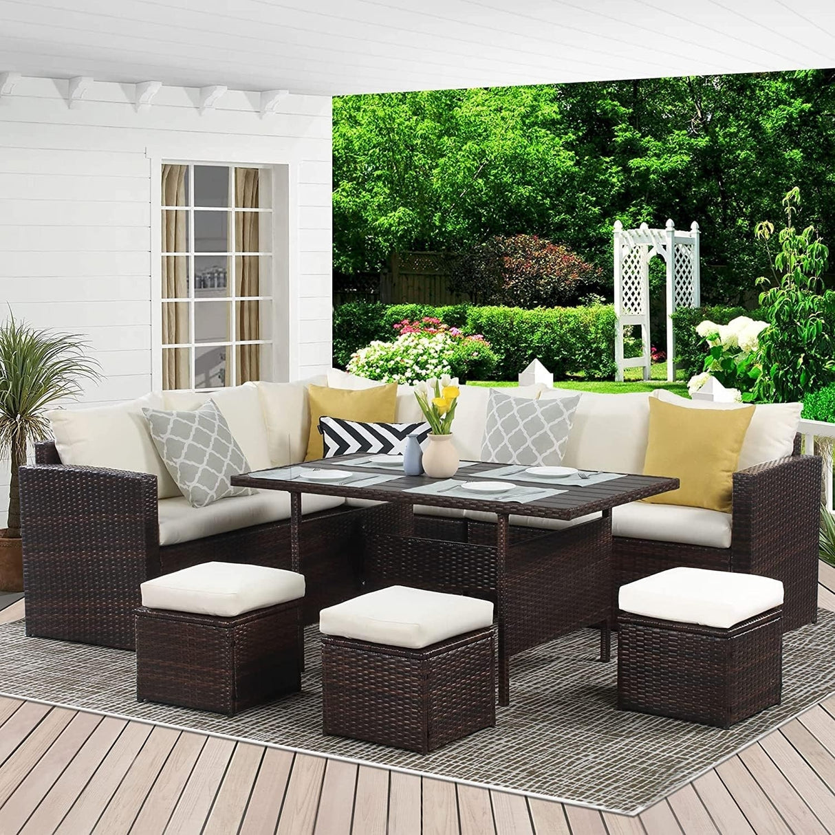 6-Pieces L-Shape Patio Rattan Dining Set