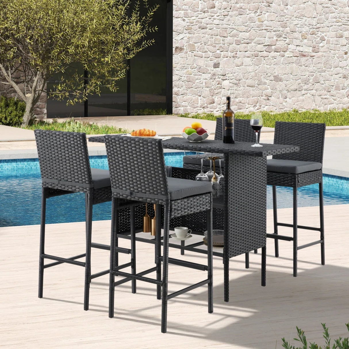 5-Piece Outdoor Rattan Wicker Bar Set with Wicker Top Table