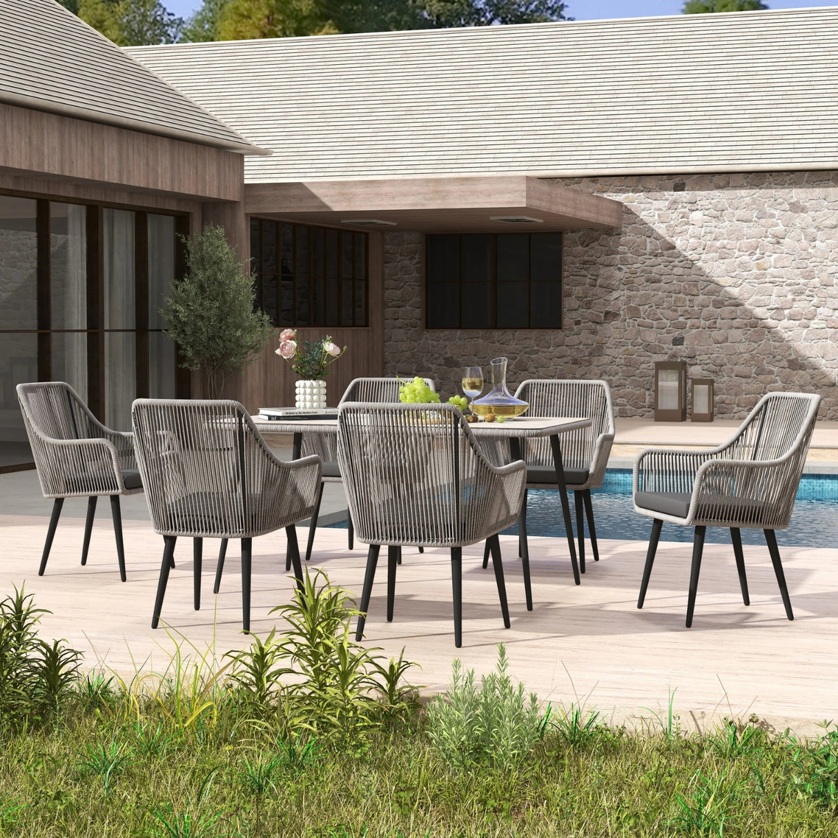 7-Piece Outdoor Patio Dining Set with Rope Chairs & Glass Top Table