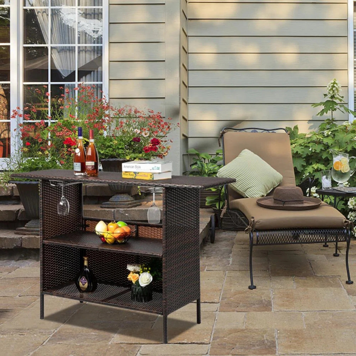 Outdoor Rattan Wicker Bar Table With Storage Selves