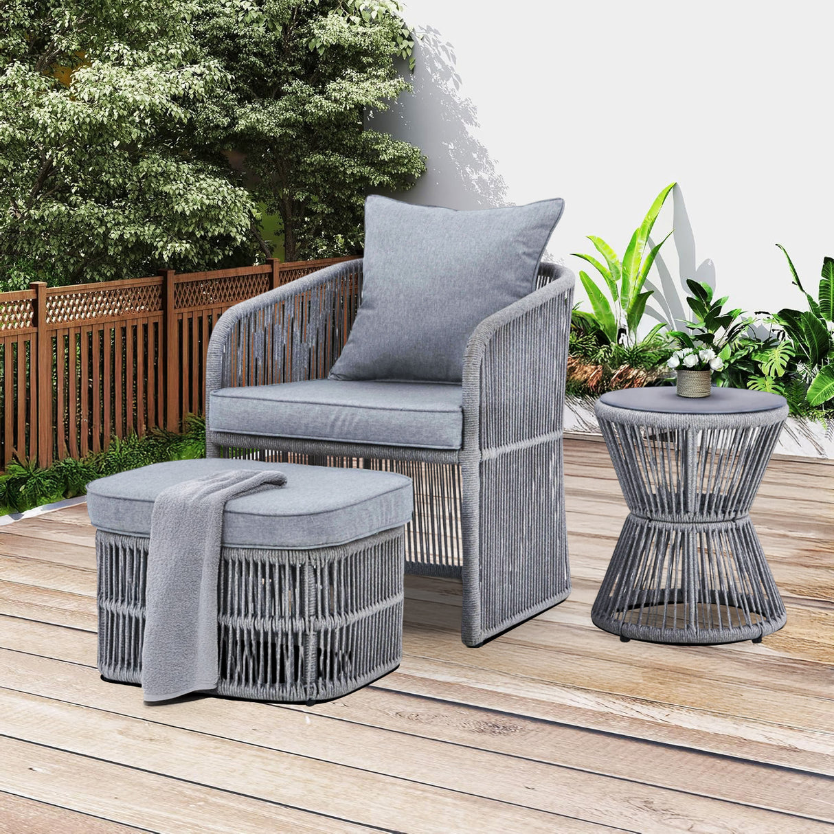 Outdoor 3 Piece Rope Patio Sofa Set (Grey)