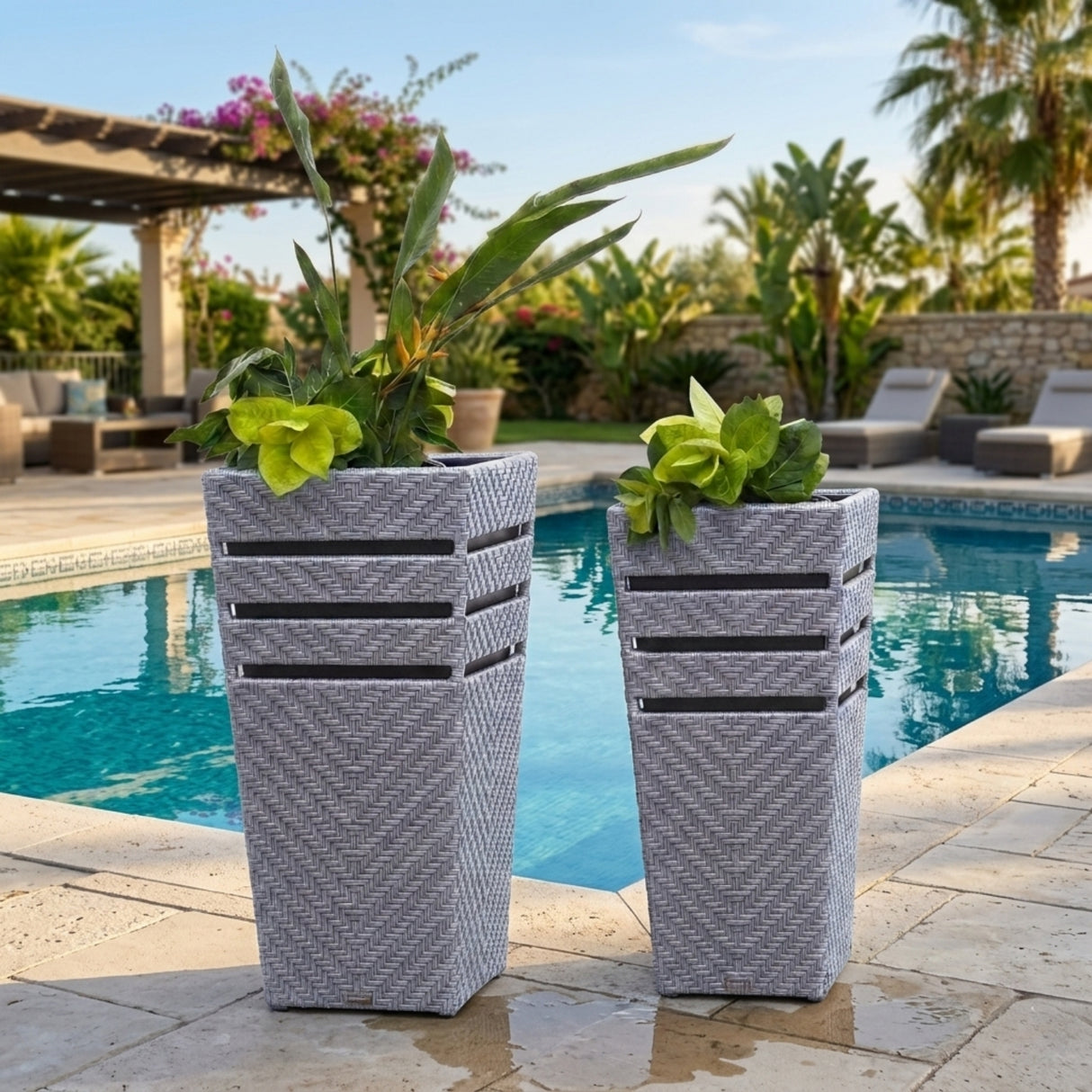 Outdoor Tall Square Rattan Planter Set of 2 (Silver Grey)