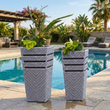 Outdoor Tall Square Rattan Planter Set of 2 (Silver Grey)