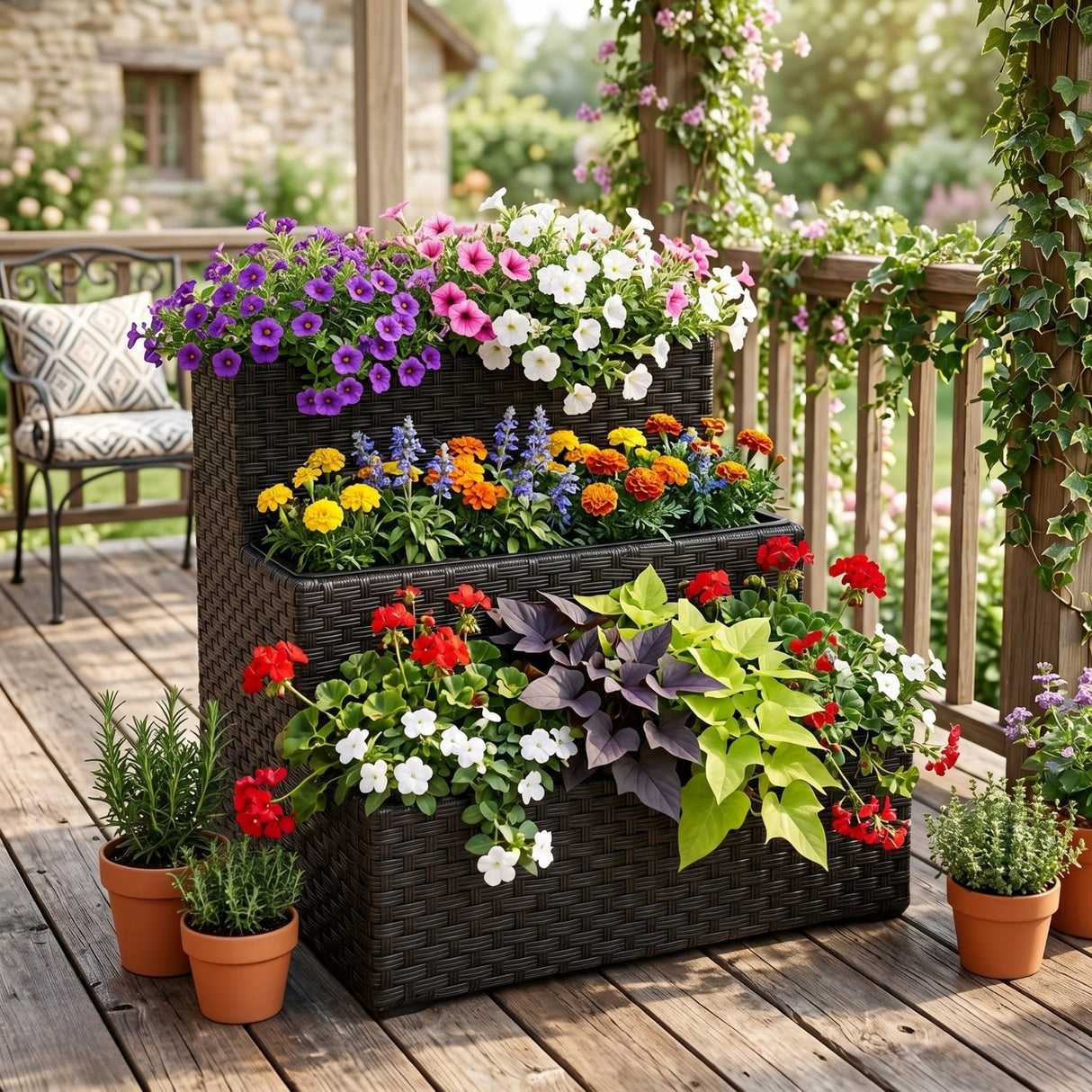 Outdoor 3-Tier Wicker Raised Planter Stand (Black)