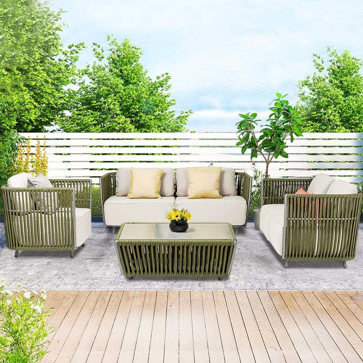 All-Weather Rope 5 Seater Sofa Set With Glass Top Table