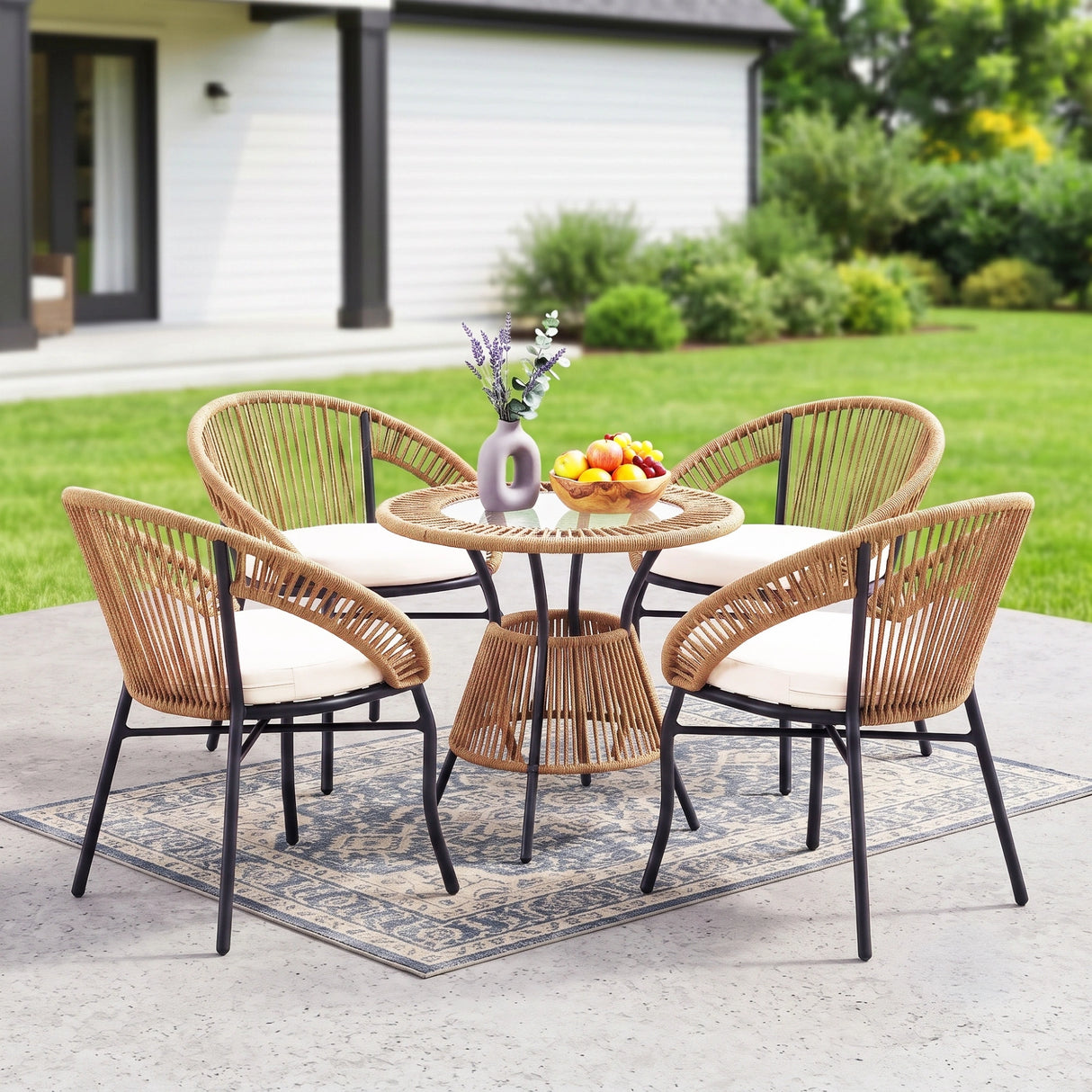 Outdoor 4-Seater Patio Rope Conversation Set (Beige & Cream)