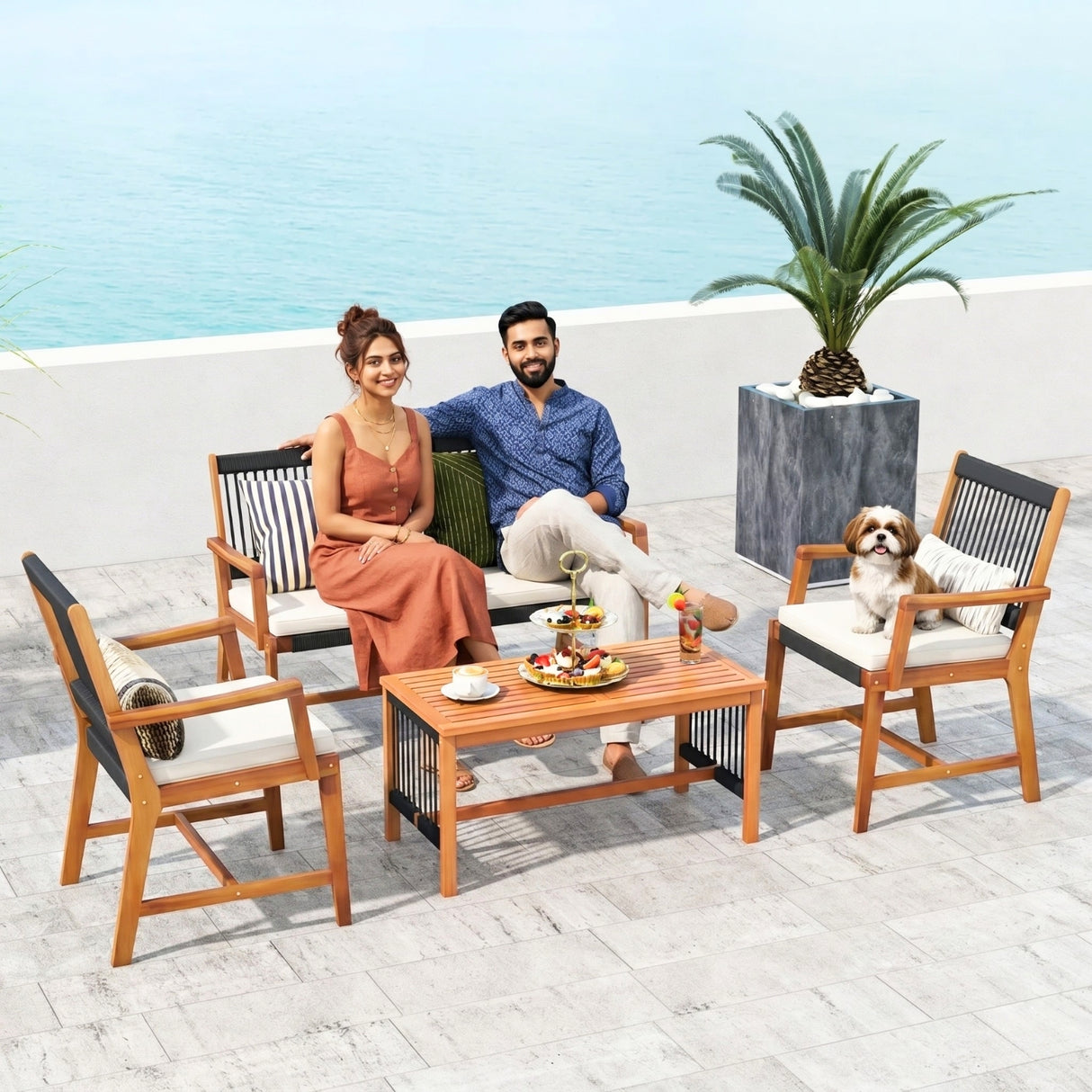 Outdoor Rope & Teak Wood 4-Piece Sofa Set (Black & White)