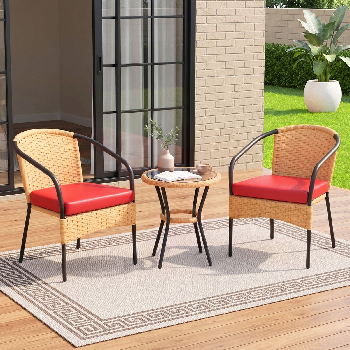 3 Piece Outdoor Wicker Patio Furniture Set (Beige & Red)
