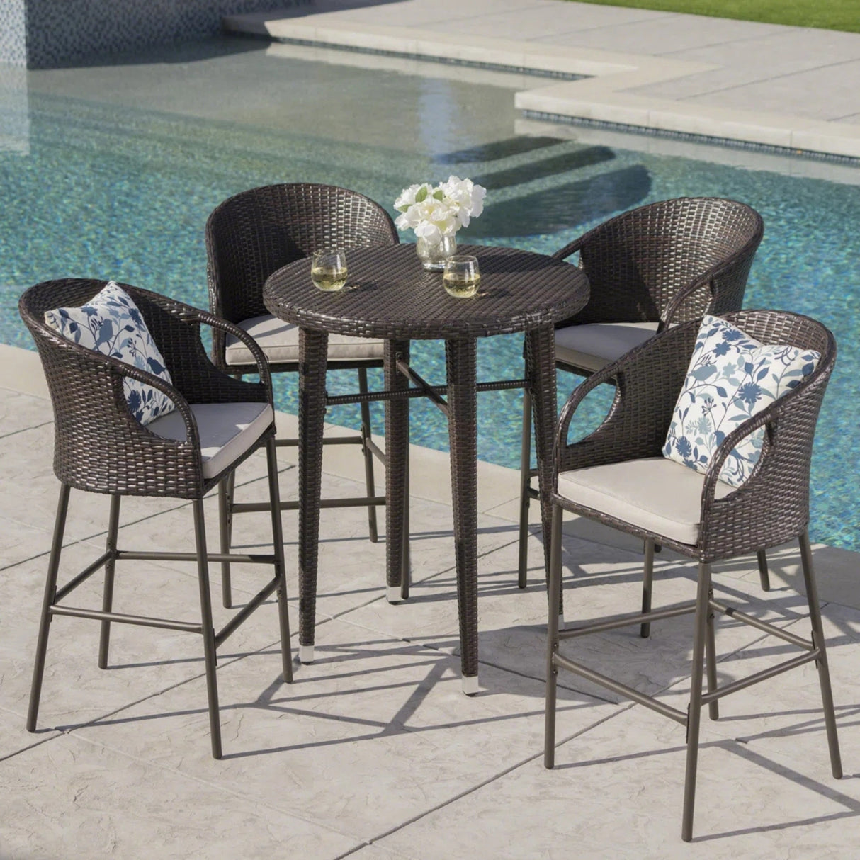 5 Piece Outdoor Wicker Bar Set with High Top Table