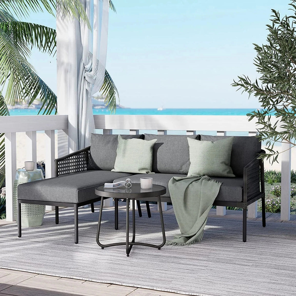 L-Shaped Patio Conversation Sofa Set with Thick Cushions & Side Table (Grey)