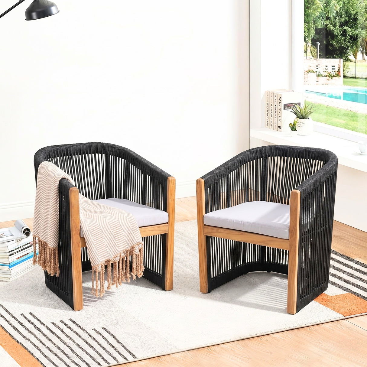 Modern Outdoor Rope Accent Chairs Set of 2 with Solid Wooden Frame