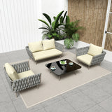 4-Piece Outdoor Rope Sofa Set With Glass Top Table (Grey & Cream)