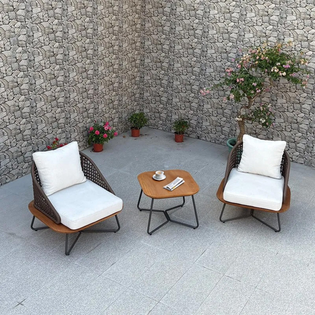 Outdoor Rope 3-Piece Patio Set With Wooden Top Table