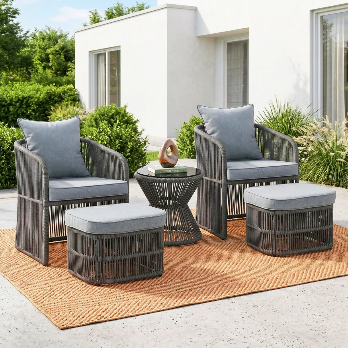 Outdoor 5 Piece Rope Patio Chair Ottoman Set (Grey)