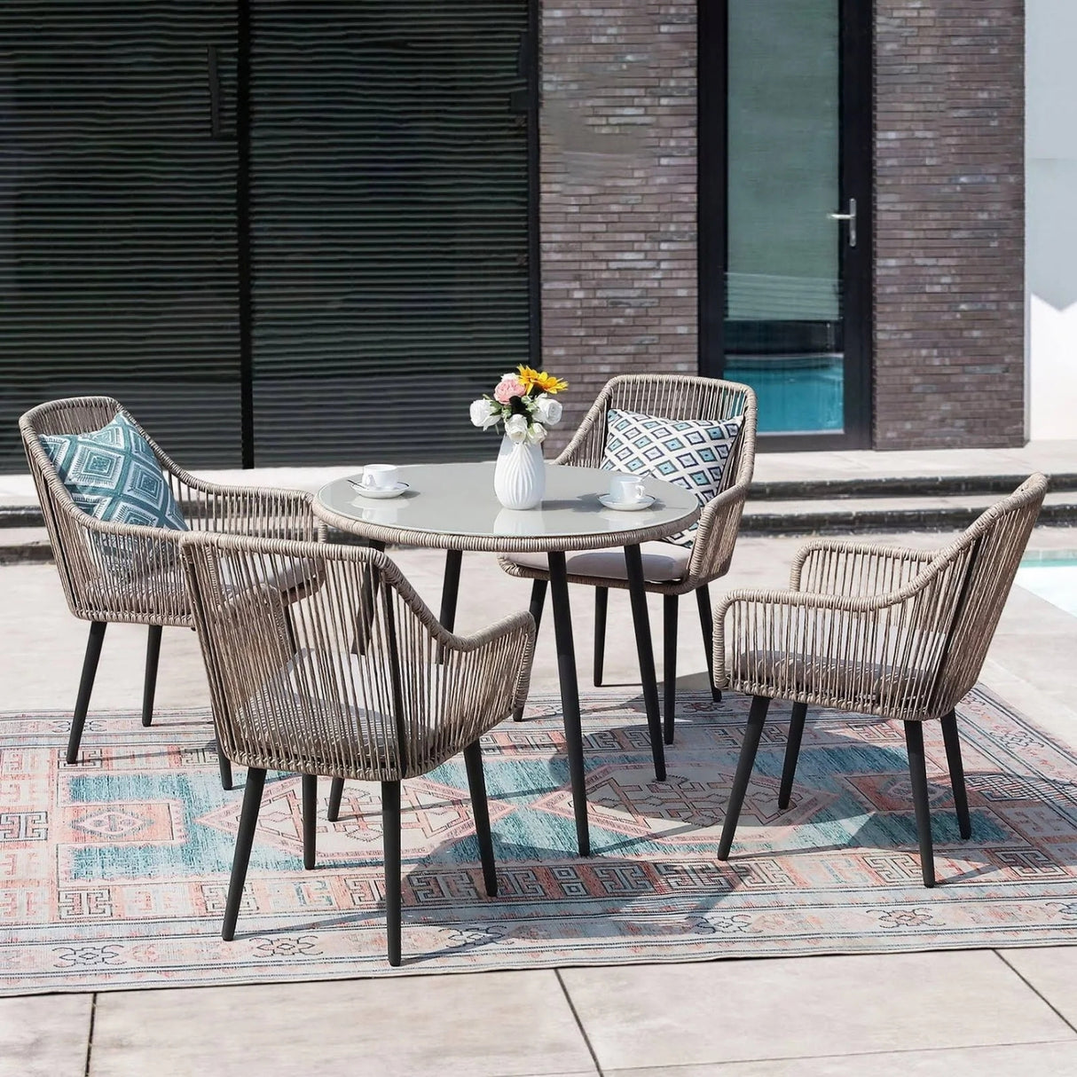 5-Piece Outdoor Rope Patio Dining Set With Glass Top Table
