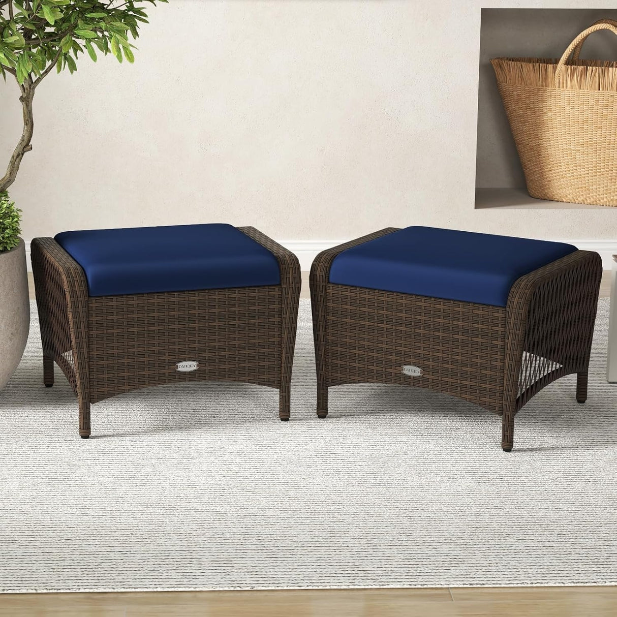 2-Piece Outdoor Rattan Wicker Ottoman Set