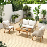 Outdoor Rope 4-Piece Patio Sofa Set with Wooden Legs & Coffee Table (Platinum & Off-White)