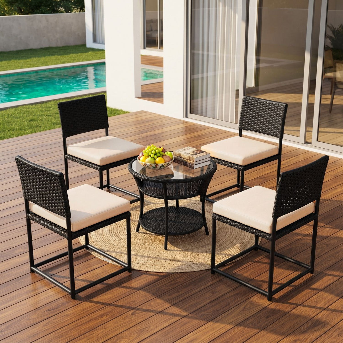5-Piece Outdoor Wicker Patio Furniture Set (Black & Cream)
