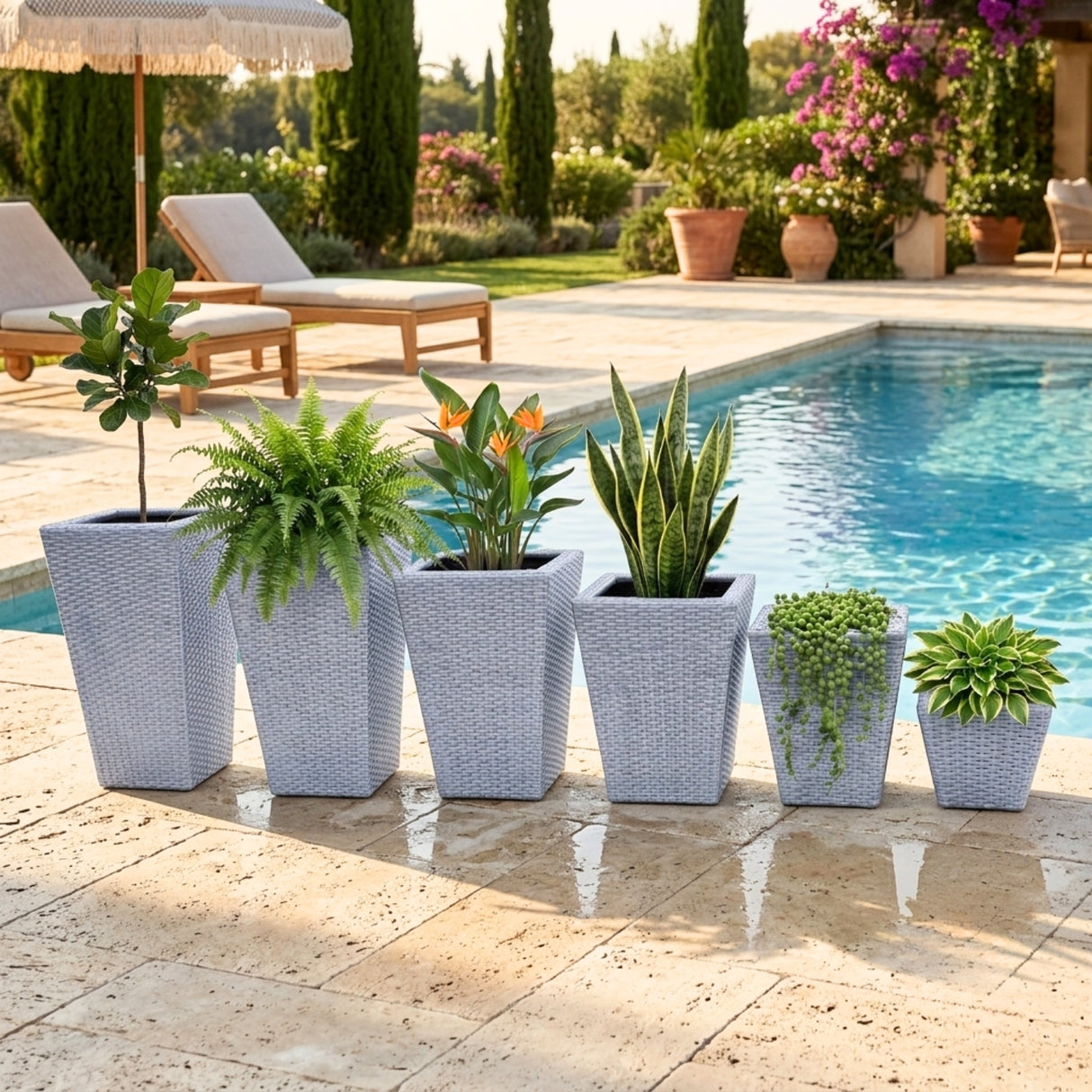 Tall Tapered Set of 6  Outdoor Wicker Planter (Silver Grey)